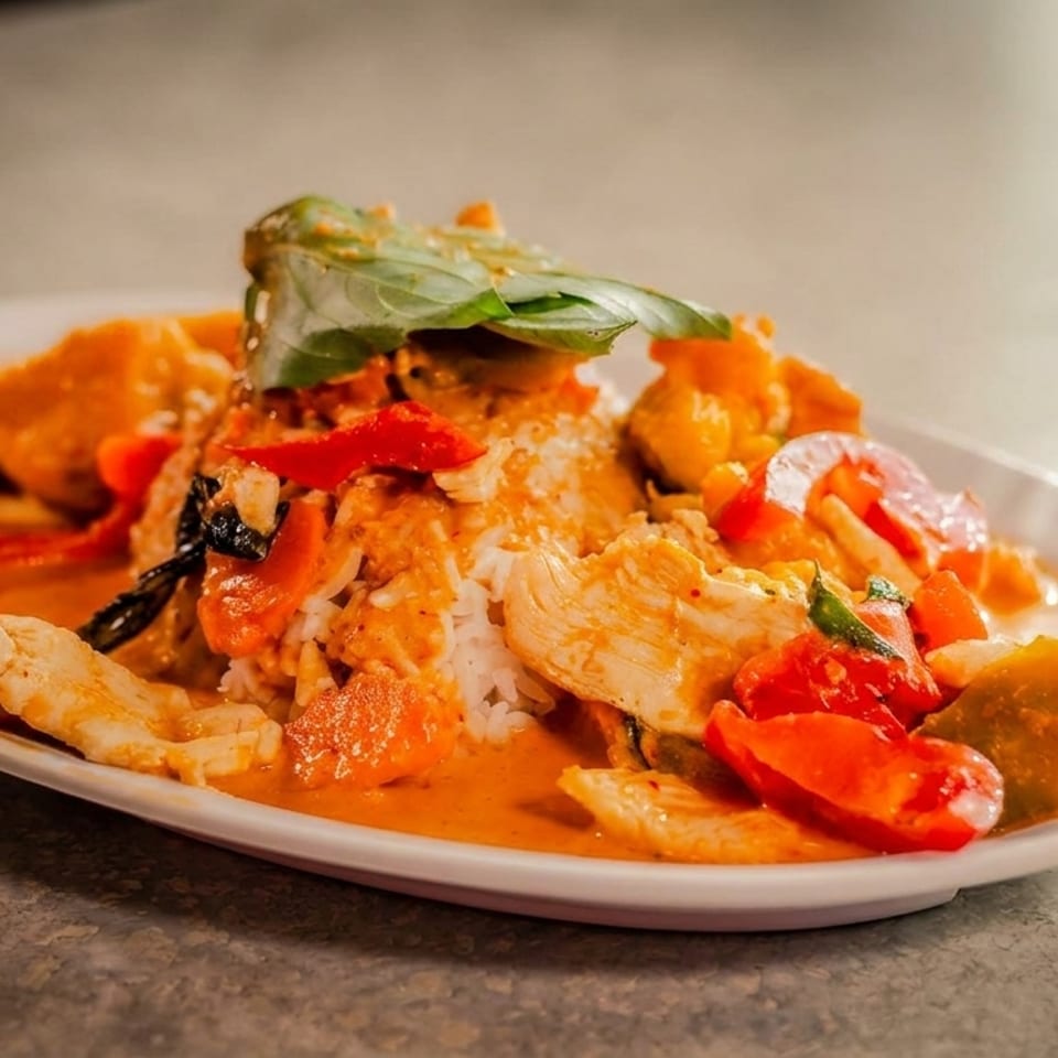 Red curry with chicken, bell peppers, and basil, served over white rice on a white plate.
