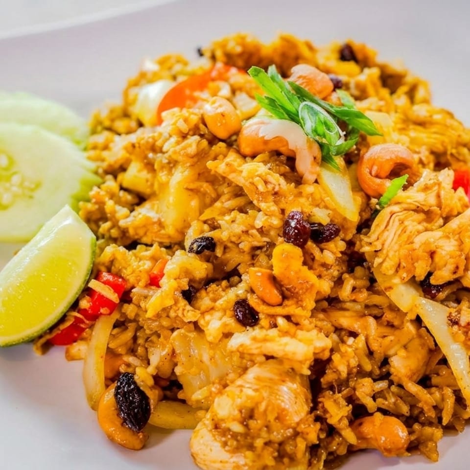Close-up of pineapple fried rice with chicken, cashews, raisins, and vegetables, garnished with lime and cucumber.