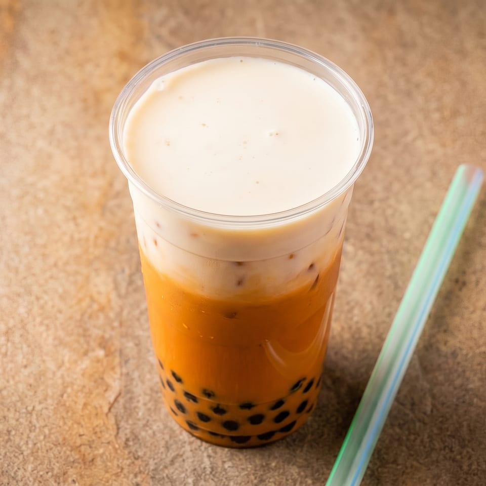 Thai milk tea with tapioca pearls and a creamy foam topping, next to a green straw.