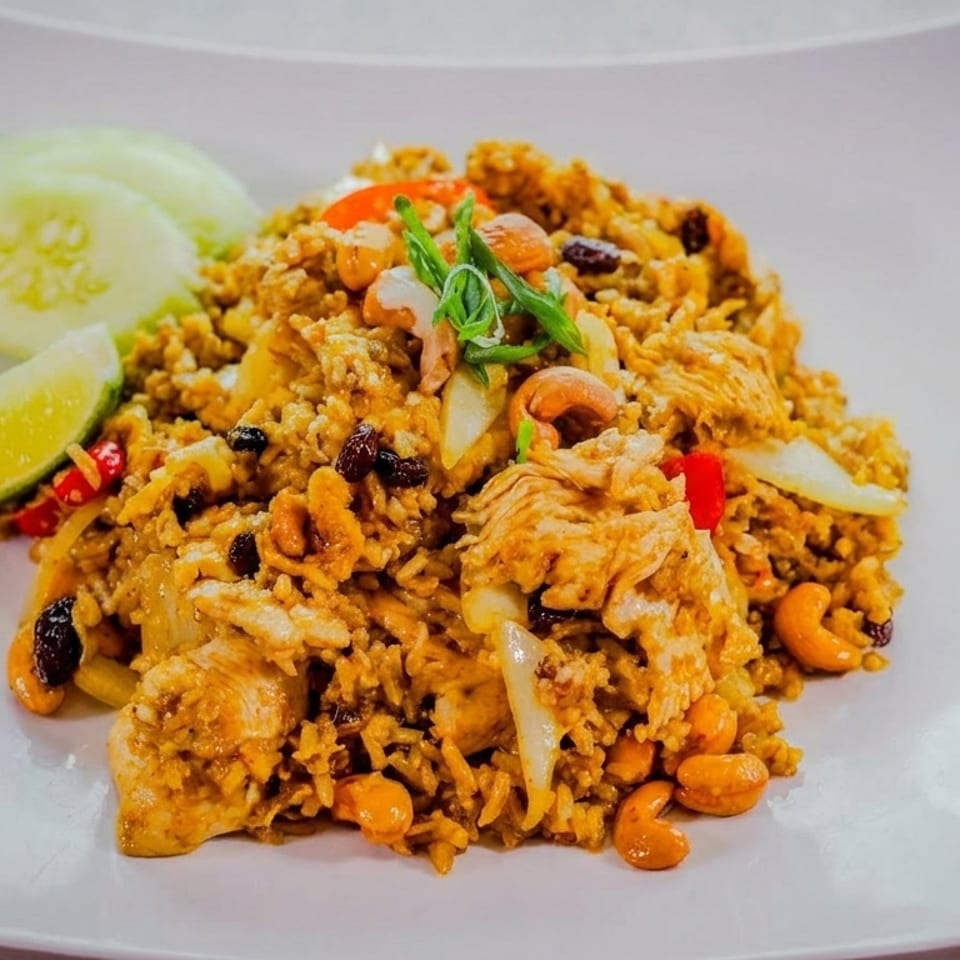 Chicken fried rice with cashews, raisins, and vegetables, garnished with lime and cucumber slices.