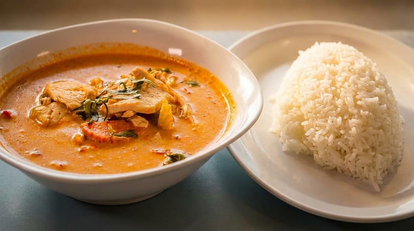 A bowl of red curry with chicken and vegetables next to a plate of white rice.