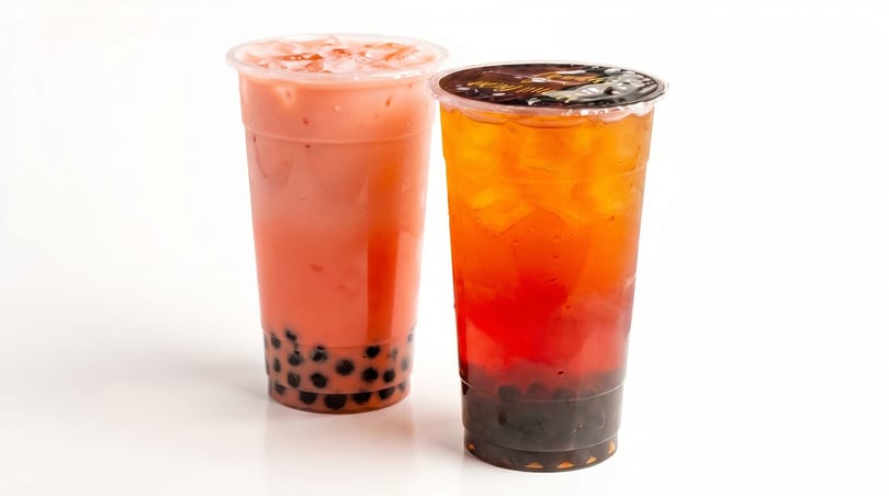 Two boba drinks, one pink and one orange and red, with tapioca pearls on a white background.