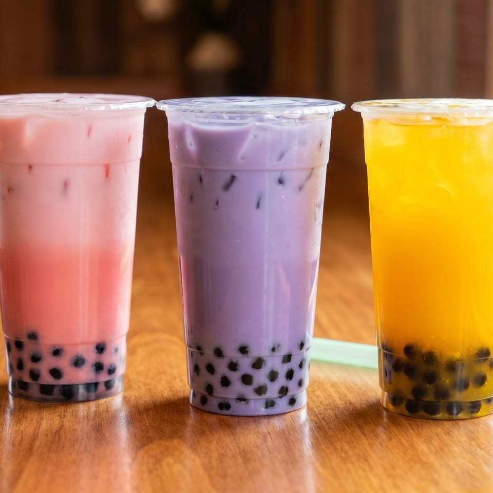 Three colorful bubble teas, pink, purple, and yellow, with tapioca pearls on a wooden table.