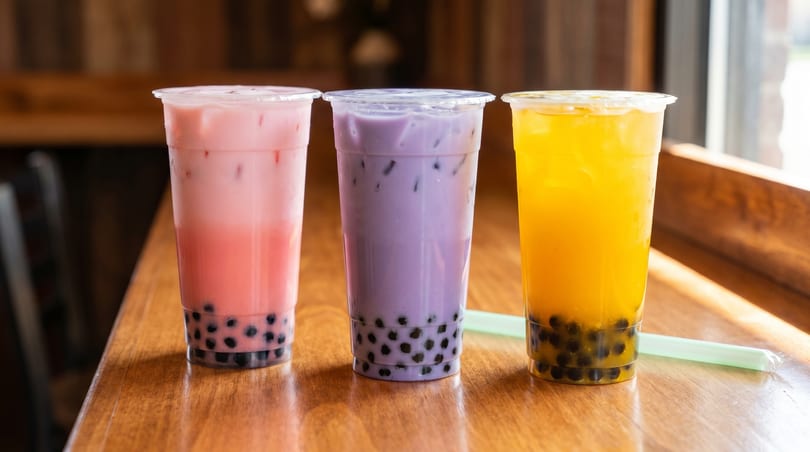Three colorful bubble teas, pink, purple, and yellow, with tapioca pearls on a wooden table.